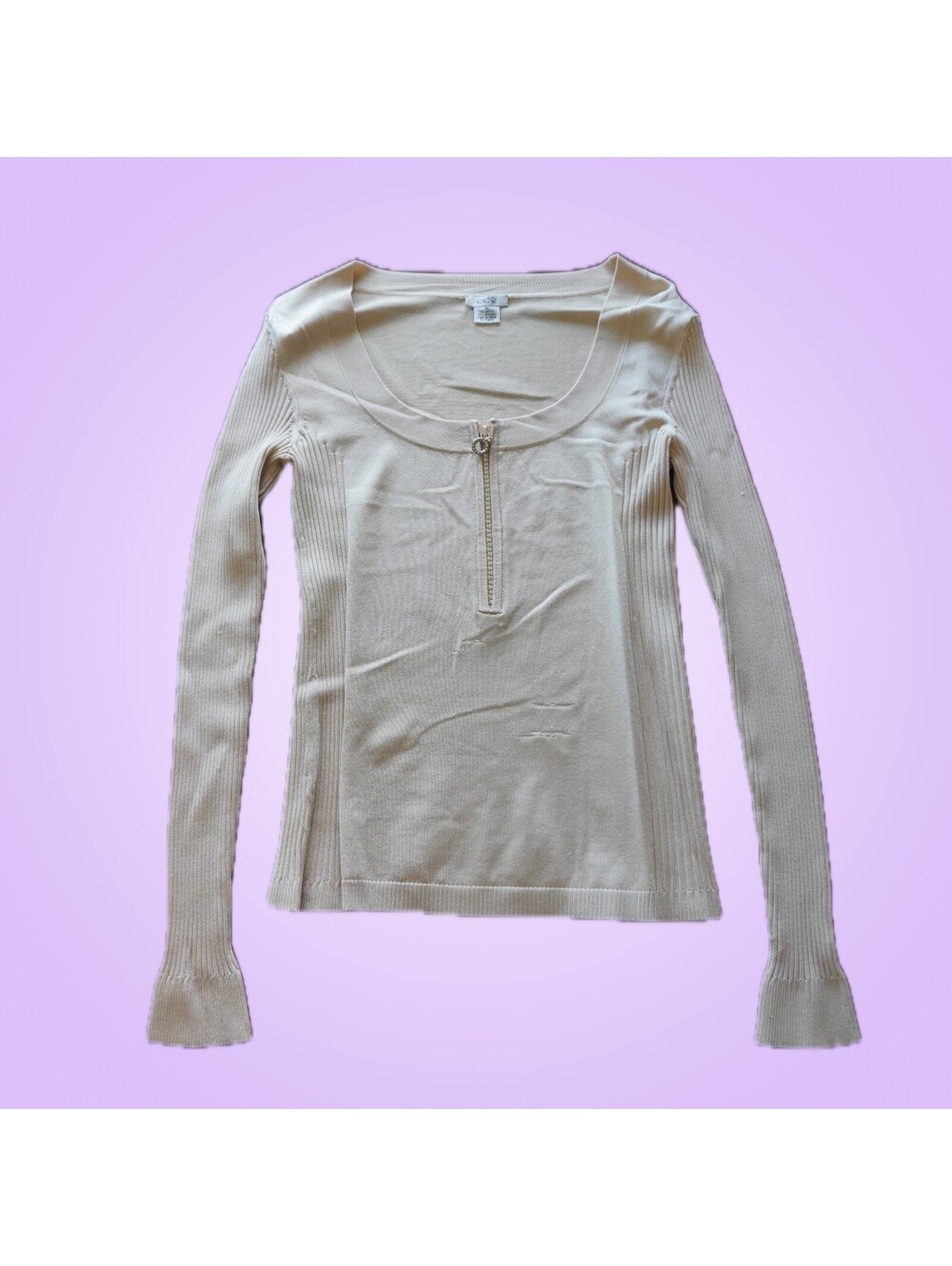 Cache Vintage Y2K Ivory Ribbed Knit Rhinestone Half-Zip Top Size M